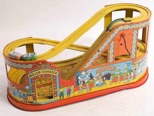 CHEIN & CO. LITHOGRAPHED TIN ROLLER COASTER TOY: Marked “J. Chein & Co. Made in U.S.A.” in shield with two cars, 19.5” x 8” x 10” high.