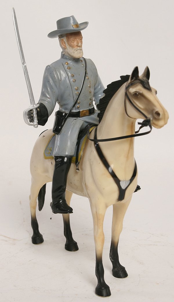 HARTLAND R.E. LEE MOUNTED PLASTIC FIGURE: Circa 1961 molded colored plastic figure of uniformed Lee astride his horse and holding sword. The hat, saddle, Lee, horse & reins are all separate pieces, marked “Hartland Plastics Inc.”, 9” lo