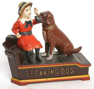 NEAR MINT SPEAKING DOG CAST IRON MECHANICAL BANK: In original painted finish, with original keeper, marked “Pat July 14 1885” on base, 3” x 7.25” x 7.25” high, working. Probably one of the finest examples of this bank to come to market. Pur