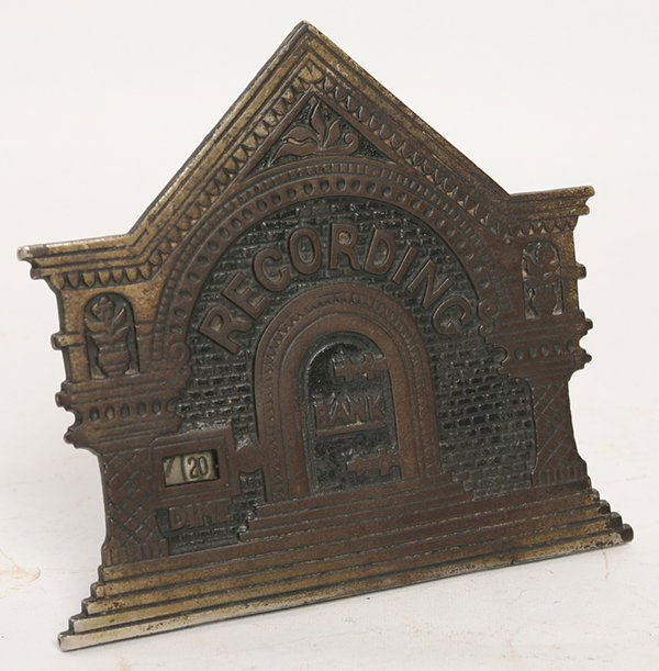 CAST IRON MECHANICAL NATIONAL RECORDING BANK: Building front form with “Recording/Bank” across front and counting window to left, in black and nickeled finish, back marked “The National Recording Bank Patented Apr. 7, 91.” With keeper, 7�