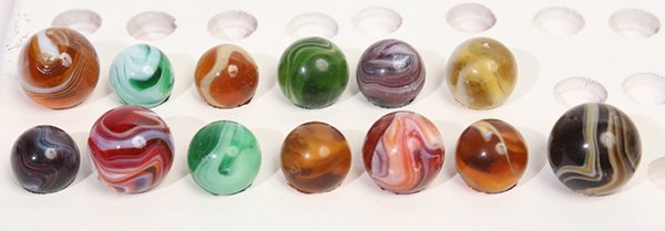 LOT OF 13 SLAG MARBLES: Sizes 1/2" to 3/4".