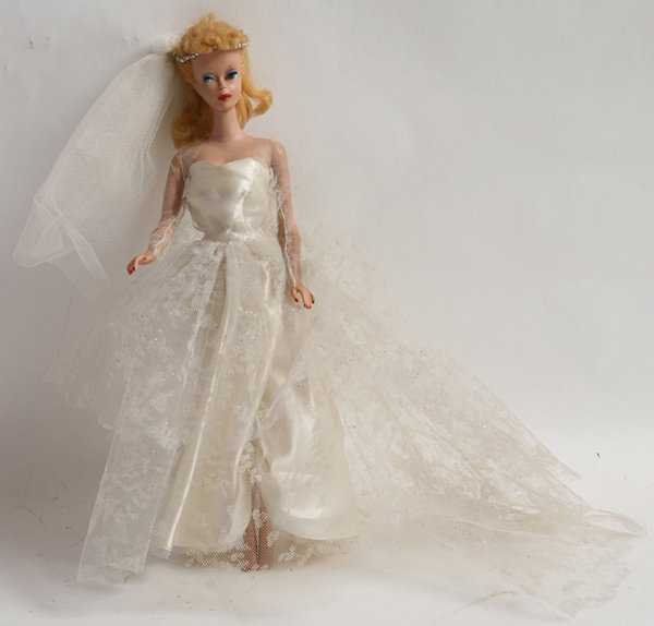 #3 or #4 BARBIE PONYTAIL DOLL: Believed to be #3 or #4 with "TM" mark on behind. Dressed in wedding dress. 11"