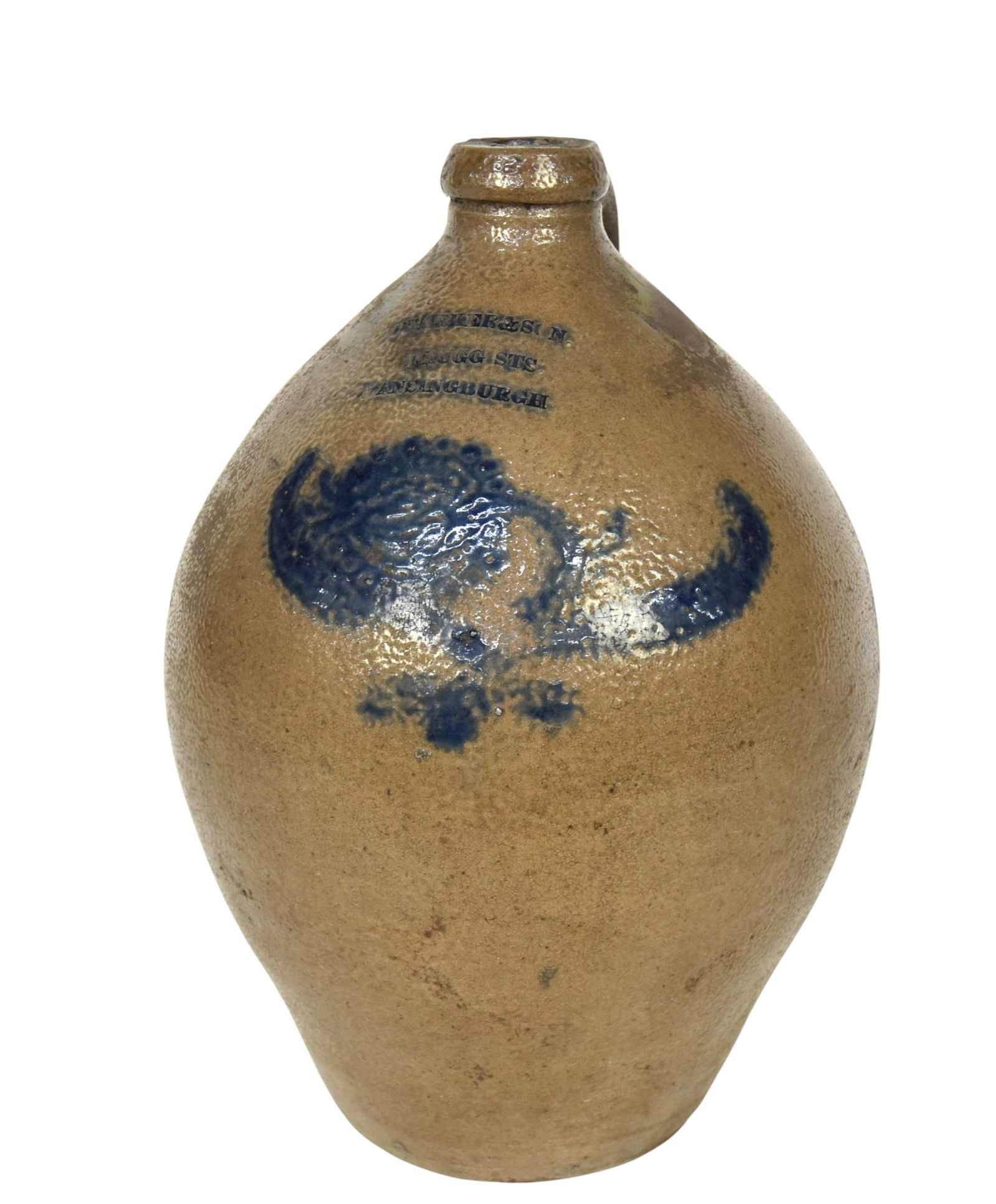 C. Parker & Son Lansingburgh New York Decorated Stoneware Jug: Salt glaze with Albany glazed interior with applied C scroll handle with painted cobalt at terminals, stamped on shoulder C. Parker & Son/Drugg Sts/Lansingburgh (N.Y.), brushed with cobalt, over paint