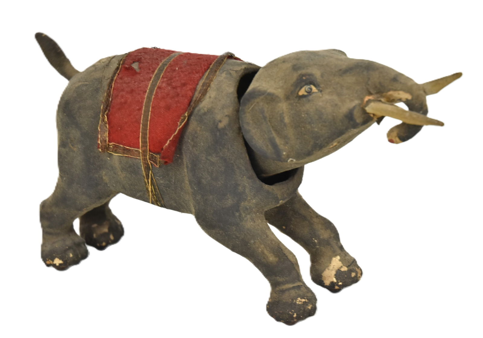 19th Century Toy Elephant Nodder: Composition, wood and fabric in gray painted finish with white & black painted eyes, red and gilt blanket across back, unusual in that head and tail are attached and both nod in sync, 10 x 3 x 6" high