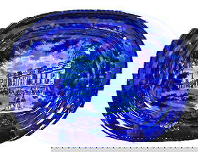 Dark Blue Historic Staffordshire Platter: Circa 1820-30 on pearlware body showing large British public building with people and carriages, floral border, marked with stamped Adam mark and printed spread winged U.S. shield breasted eagle mark