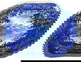 Dark Blue Historic Staffordshire Platter: Circa 1820-30, Windsor in Berkshire with with river scene with men fishing, small boats n river, large town on hill with Windsor castle at left in background, floral border, stamped Clews on pearlware