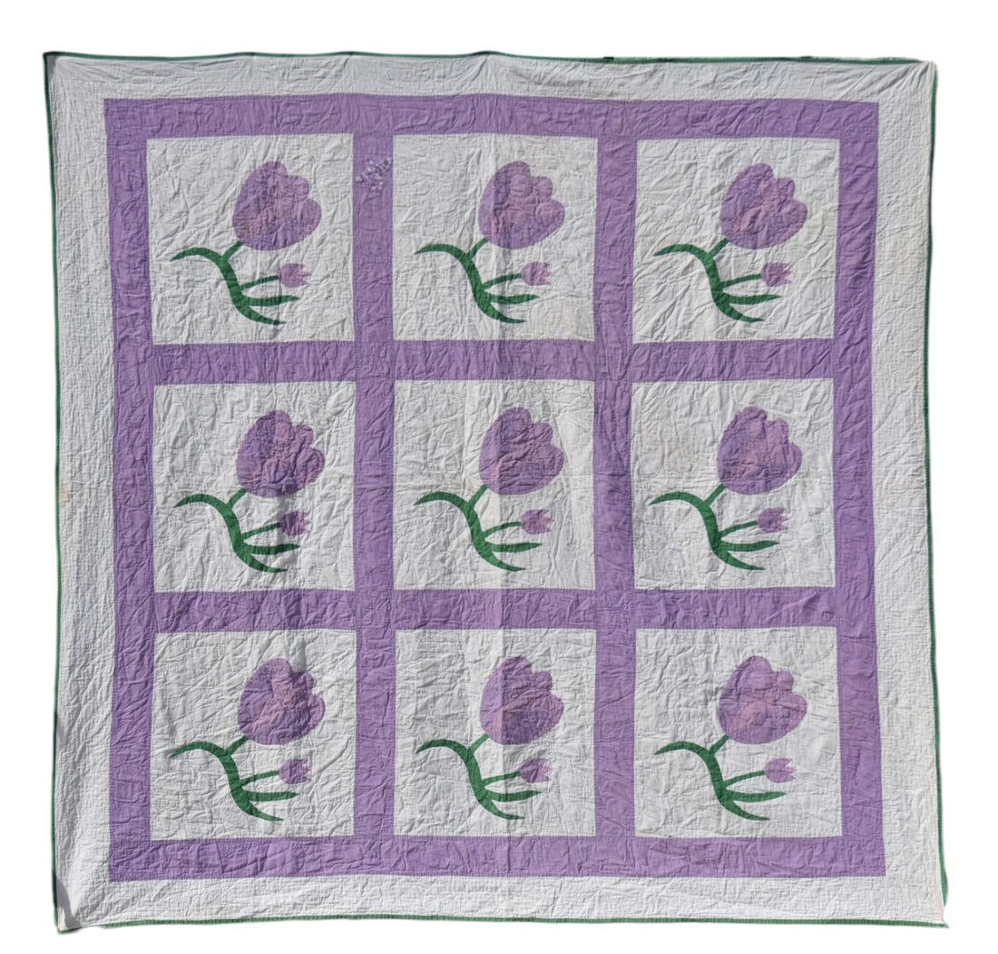 Tulip Appliqued & Pieced Quilt: Circa 1920-30 with six pieced blocks with applqued purple tulips with green lesves, greenborder, hand quilted, 73 x 75". Cndition some uneven fading on purple, else VG.