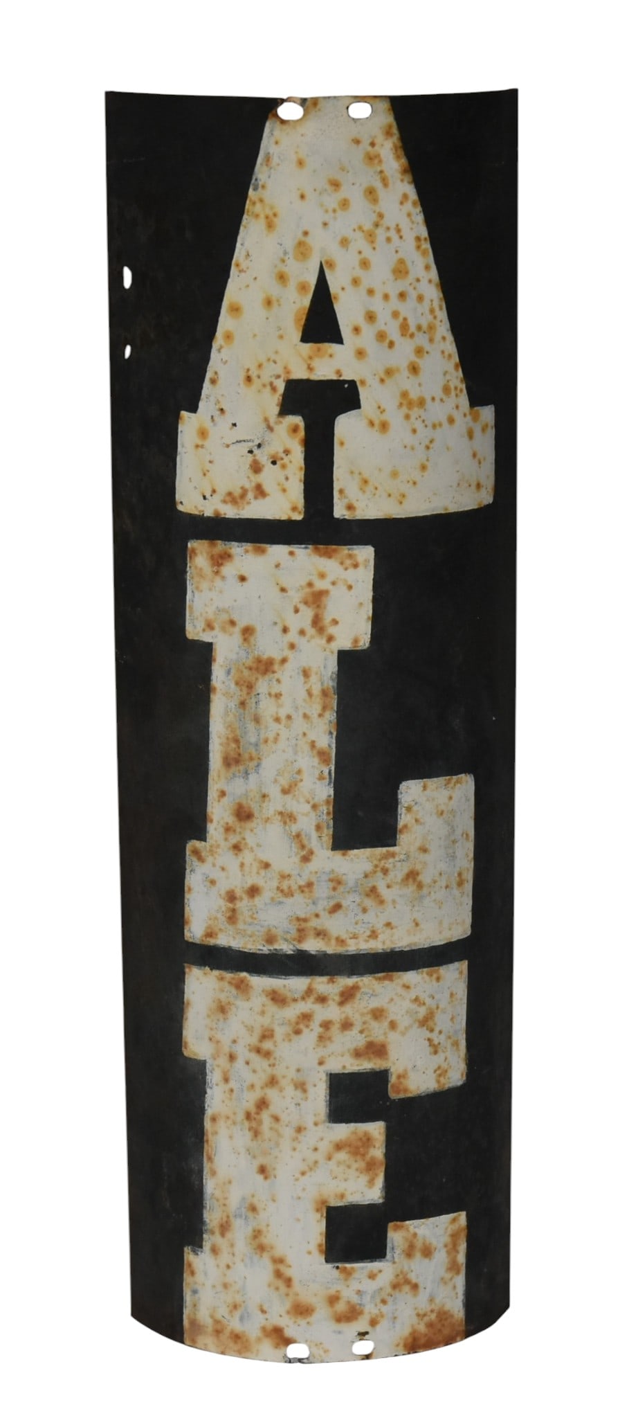 Painted Steel Half Round ALE Sign: White on black ground, 5.5" x 17.5" high. Condition some minor oxidation VG.