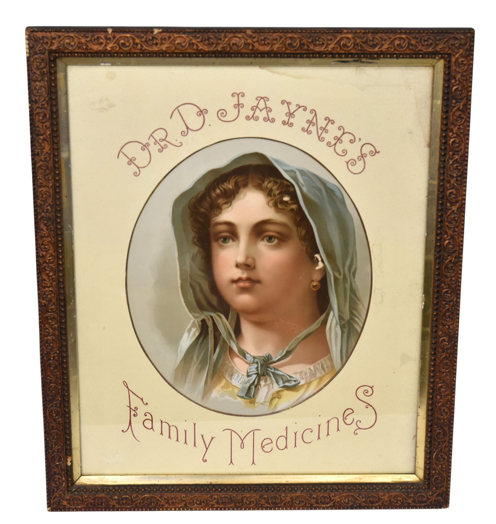 Dr. Jaynes Family Medicines Chromolithograph Sign: neck length portrait of young girl in blue hoop with collar reading Dr. Jaynes Medicines, same text on matt in original frame with gilt liner, 19 x 22.5" high. Condition VG+.