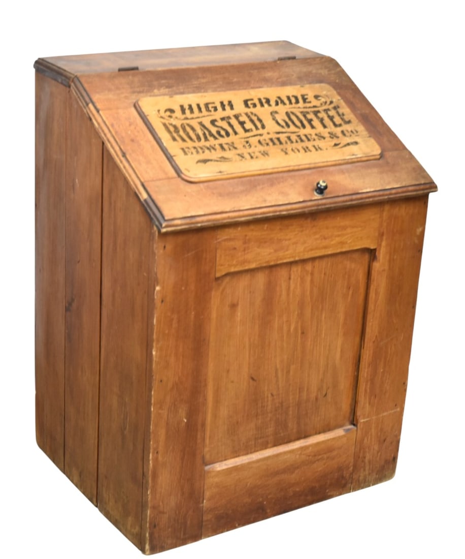 Edwin J. Gilles & Co. Wood Coffee Bin: White pine in original finish with slant lid with thumb molded edge, black stencile reading: High Grade/Roasted Coffee/Edwin J, Gilles & Co./New York, paneled front and solid ends with wood & brass kn