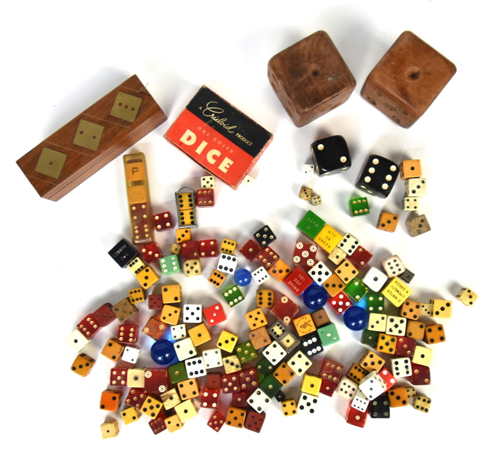 Huge Collection of Dice Including Bone Example: Circa 180 dice, many pairs, including many antique bone, cello, wood, glass and more, boxed set and more, largest is 2.2", smallest is glass at 0.60cm. Condition from Fine to VG.