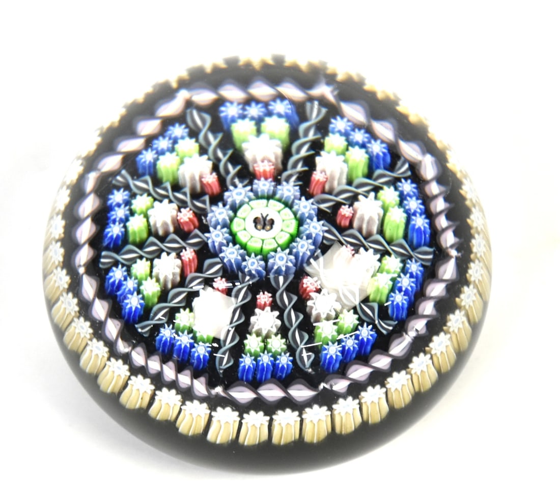 Fine Art Glass Perthshire Millefiori Paperweight: Butterfly in center, ground and polished pontil, 2.75" diameter x 2" high