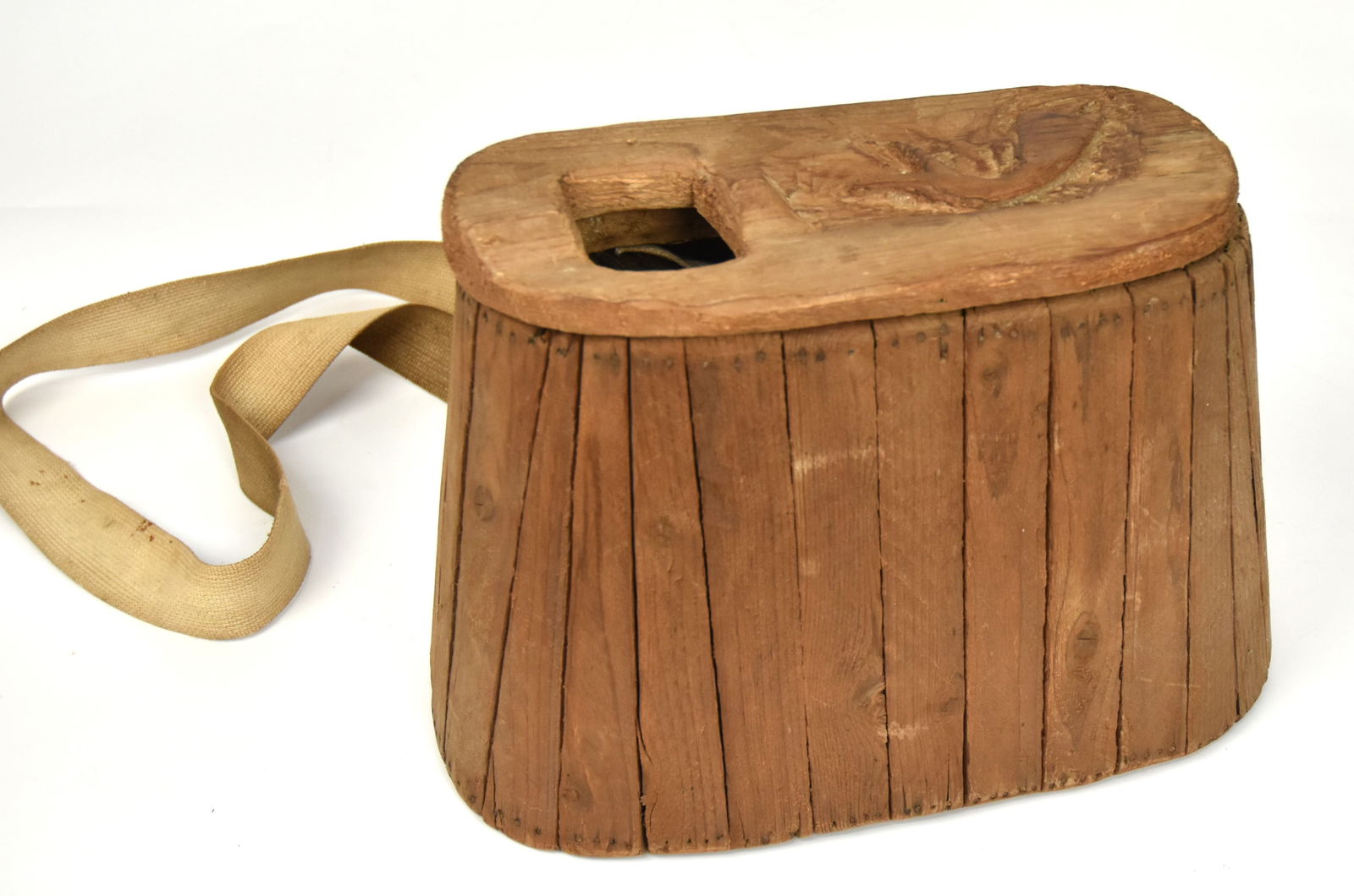 Folk Art Wooden Fishing Creel: with carved fish on lid and slat board construction. 9" H x 12" W. Good condition.