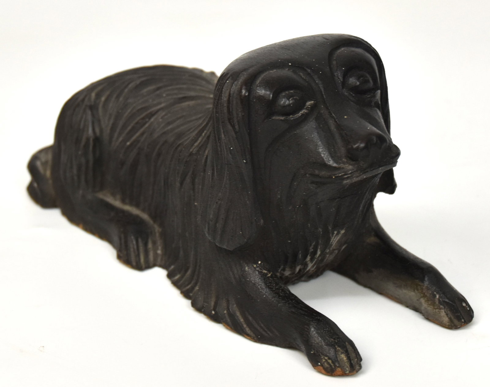 Folk Art Carved Wooden Dog: Walnut with original varnish. 4" H x 8" Long. Good condition.