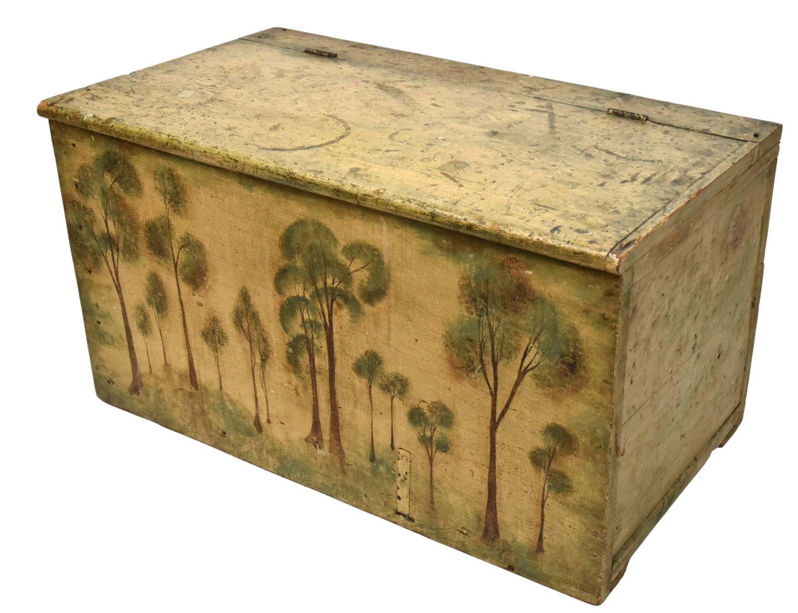 Rufus Porter Inspired Decorated Blanket Chest: Decorated with trees and foliage. Early blanket chest altered circa 1820 approximatly 1850 when the decoration was applied. 21"H x 37 1/2"W x 21"D.
