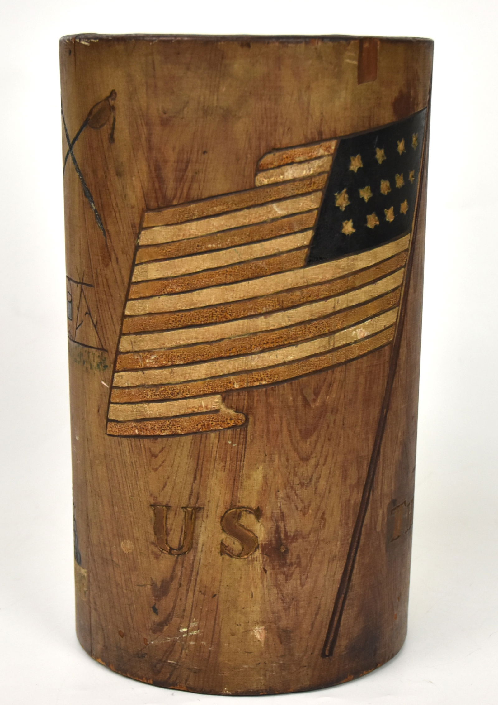 Civil War Folk Art Bucket: This yellow pine carved and painted stave constructed bucket has bottom attached with steel braids, relief carved patriotic motifs including U.S. flag with 13 stars and stripes, on staff, crossed swor