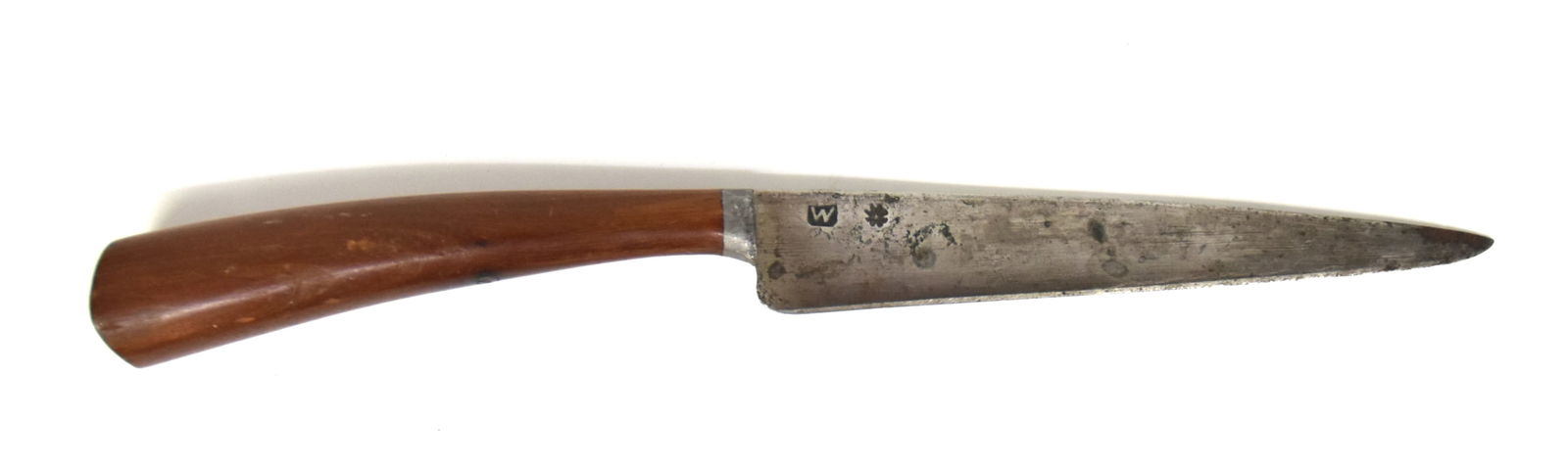 American Smith Made Dagger: With 6" long single edged steel blade stamped on right face with W and eight-pointed star, lead collar wth tapered cherry grip, total length 11", nice patina. Condition Fine.