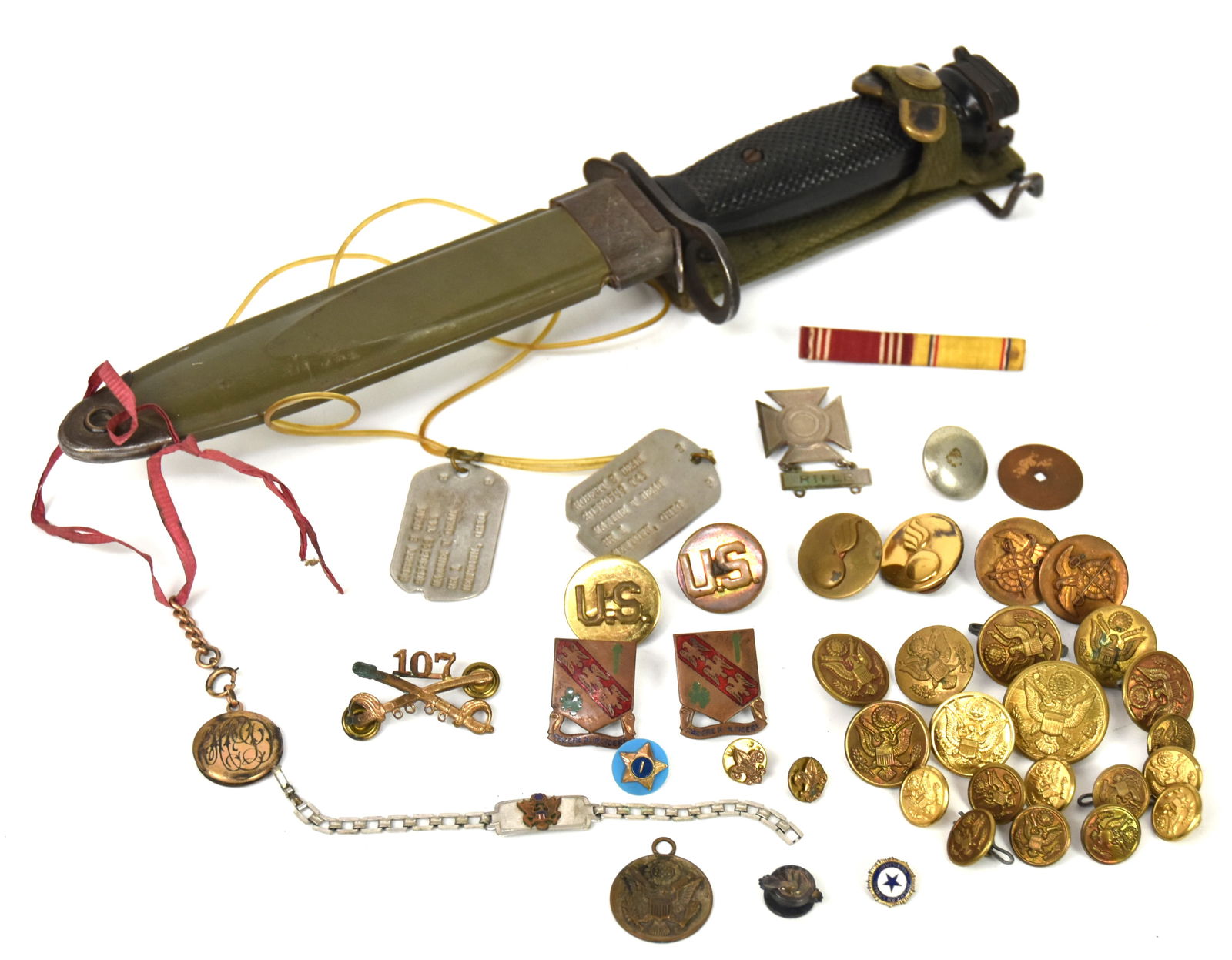 WWII Bayonet Dog Tags Plus: Lot of 40 including a US M8A1 bayonet with scabbard, marked as above and PWH, 6 1/4" long blade, total length 11 1/2", scabbard 13"; plus WWII dog tags of Robert B. Dean; plus marksman rifle medal; pl