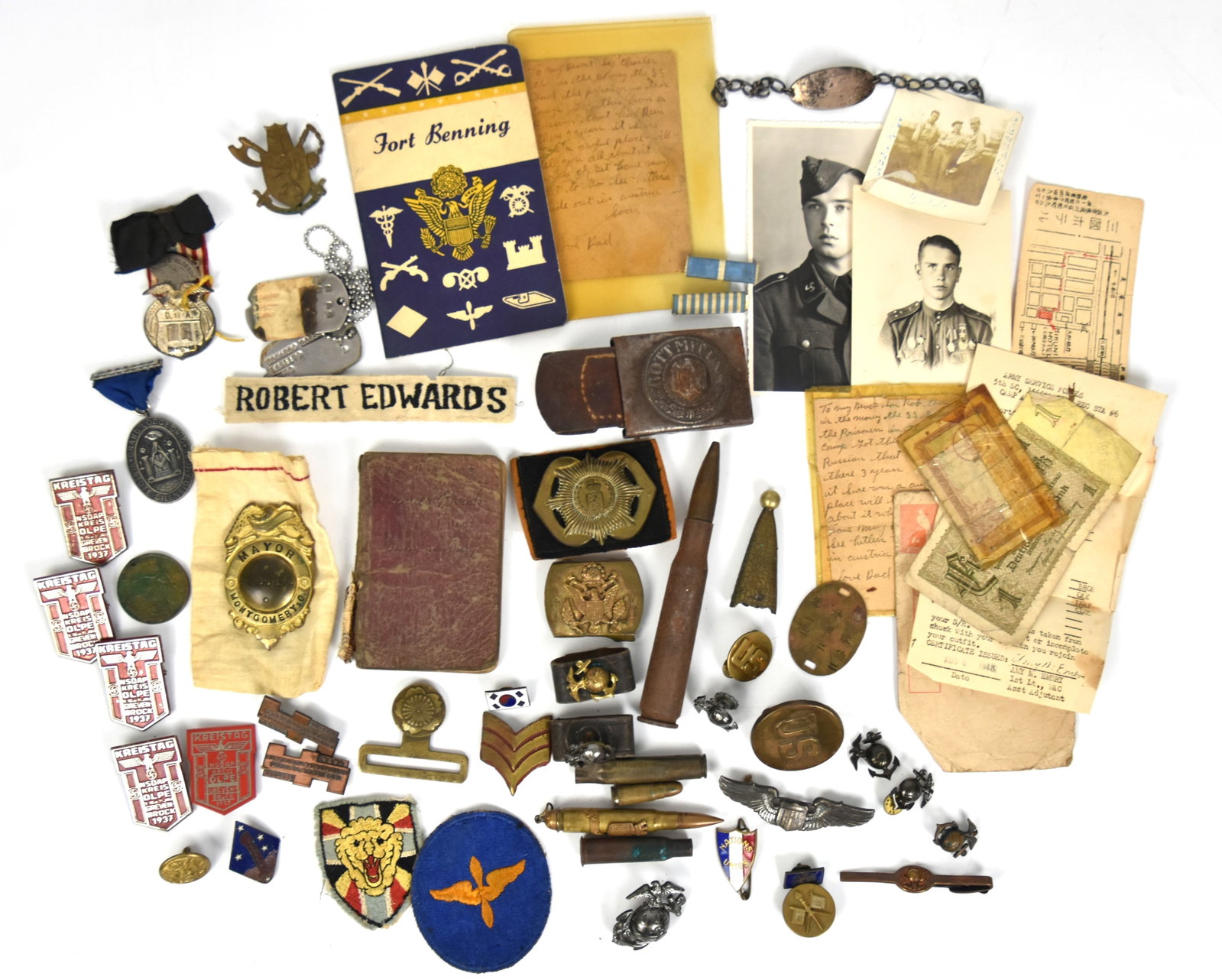 WWII & Korean War Archive: Lot of circa 50 pieces including a WW II Japanese Imperial Army Dog Tag, 1 7/8" x 1 5/8"; plus half of a WWII Japanese Imperal Army brass belt plate; plus rare Korean war Belgiun 3rd Parachute Battali