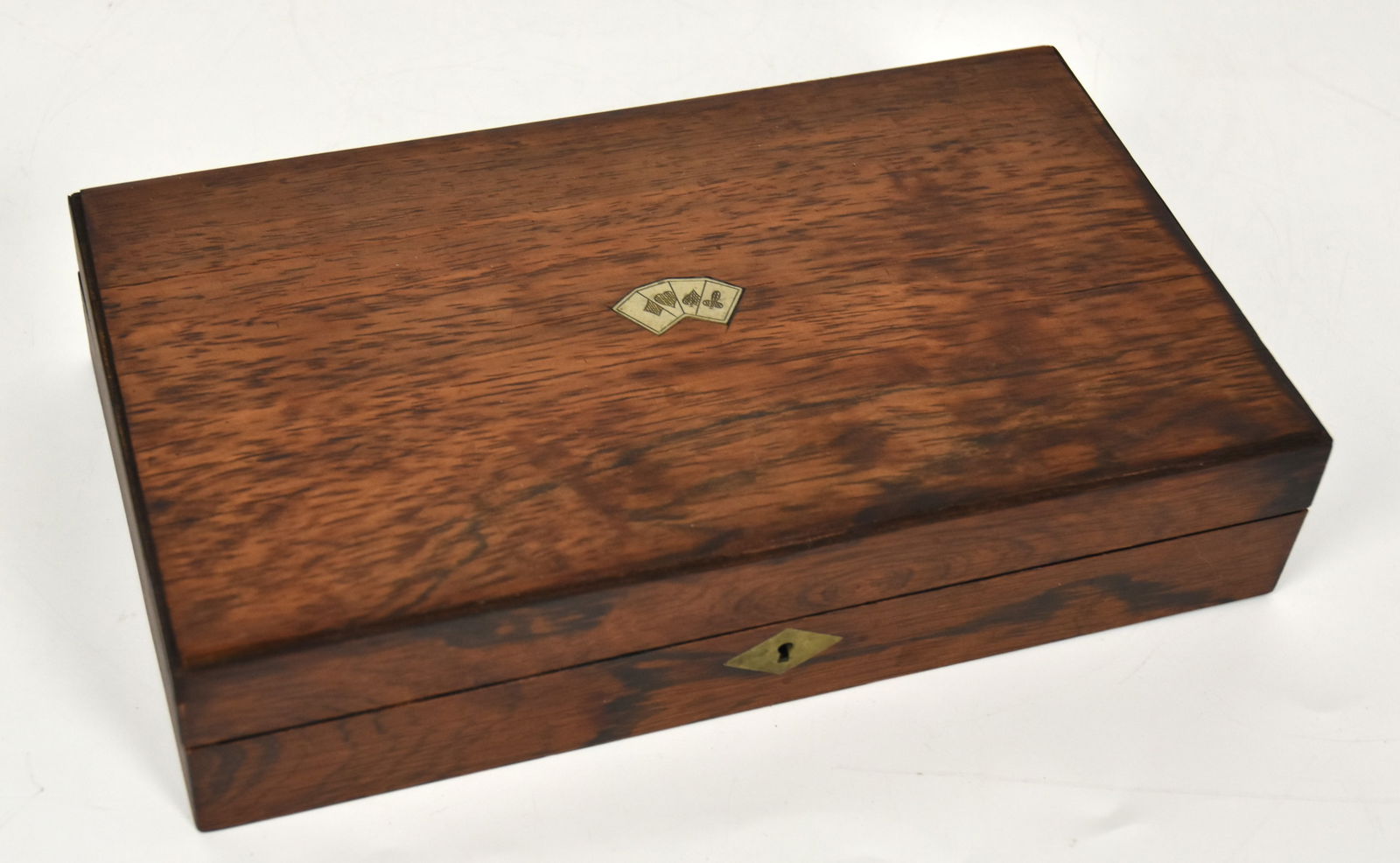 Unusual Rosewood Poker Card Box Carrier: Circa 1850 with silver inlaid cards on top of lid with face card boxes and poker chips inside. Good condition.
