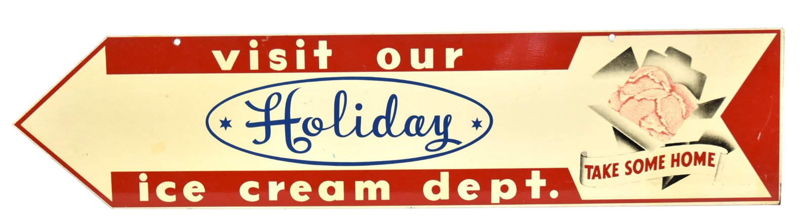 Holiday Ice Cream Double Sided Metal Sign: 9" x 39 1/2". Good condition.