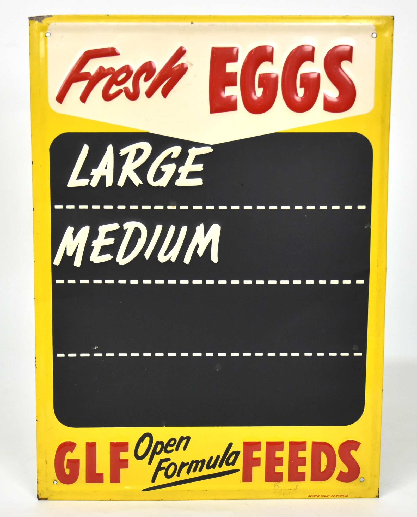 Glf Feed Fresh Eggs Metal Price Sign: 19 1/2"" x 14". Very good condition.