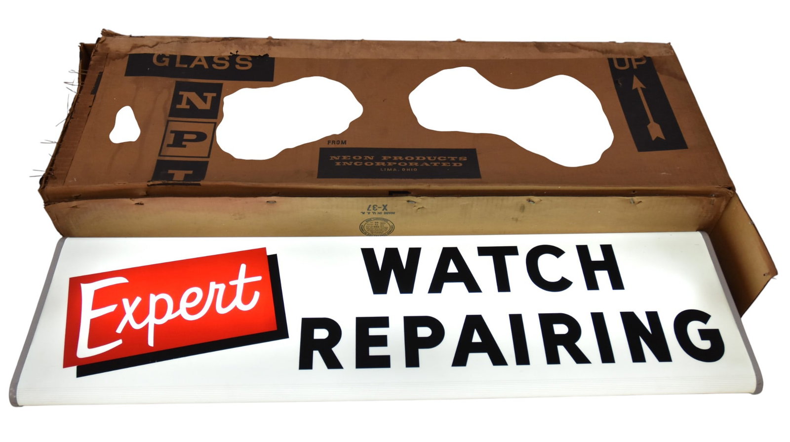 Expert Watch Repair Light Up Sign: In original neon products corporation box. 38"W x 10"D. Good condition.