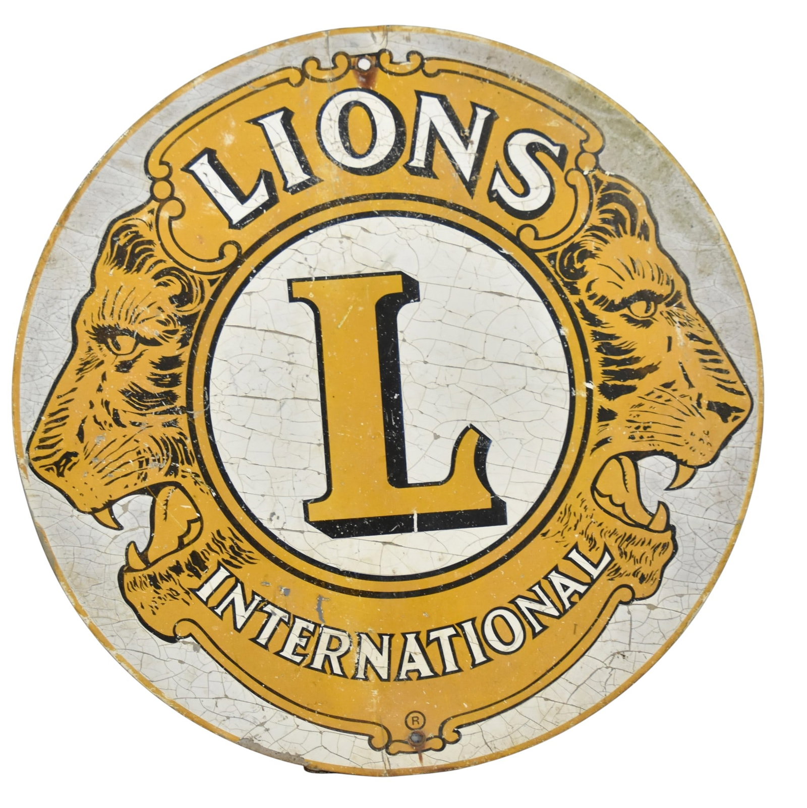 Lions Club Metal Sign: Heavy Aluminum Sign. 30" Dia. Fair condition.