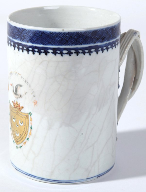 SETON HALL UNIV. CHINESE EXPORT ARMORIAL PORCELAIN CUP: Circa 1860 with the crest and motto of the University on the front of the cup double ribbon handle with leaf terminals, 5” high. Seton Hall University is a private Roman Catholic university in South