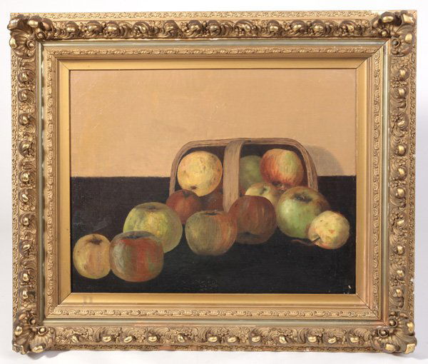LEVI WELLS PRENTICE (NEW YORK) OIL PAINTING: Levi Wells Prentice (New York, 1851-1935) 16" x 20" oil on canvas of a basket of apples. Signed lower right "L.W. Prentice". Prentice was born in 1851 at Harrisburgh, New York. In the late 1880's, Pre