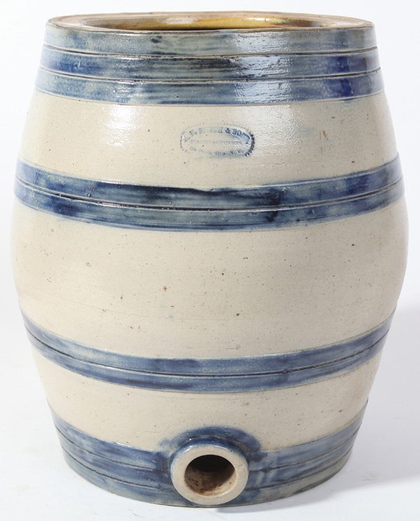 A.E. SMITH & SONS STONEWARE COOLER: With cobalt decoration, stamped in oval “A.E. Smith & Sons Manufacturers 38 Peck Slip, N.Y.”, barrel form with four cobalt bands14” high.