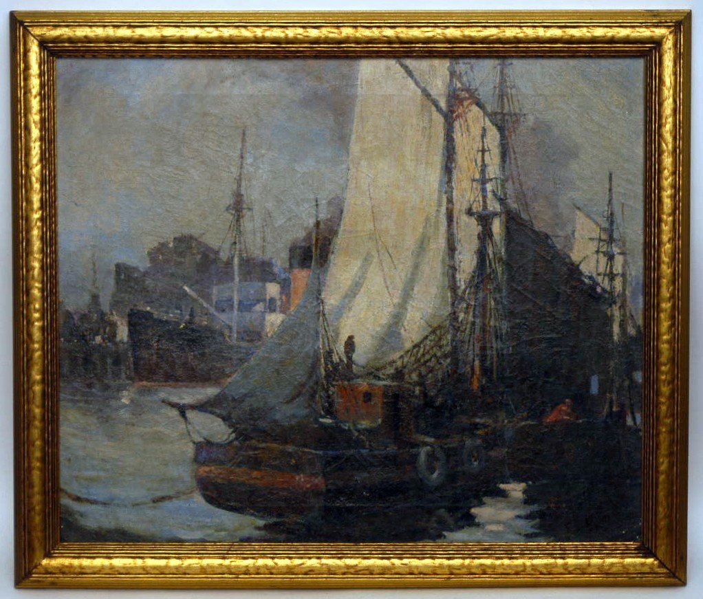 FREDERICK LEONARD KING (MASS.) OIL PAINTING: Frederick Leonard King (Massachusetts, 1879-1947) 20" x 24" oil on canvas harbor scene. Signed lower right "F.L. King". King painted landscapes and marine scenes and was an illustrator and teacher.