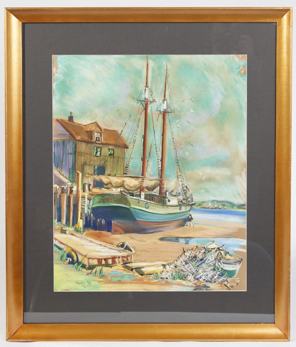 PETER HURD (NEW MEXICO/PA. MIXED MEDIA PAINTING: Peter Hurd (New Mexico/Pennsylvania, 1904-1984) 24" x 19" harbor scene mixed media of gouache, watercolor and pastel. Signed lower left "Hurd" and dated "46". Born in Roswell, New Mexico in 1904. Hurd