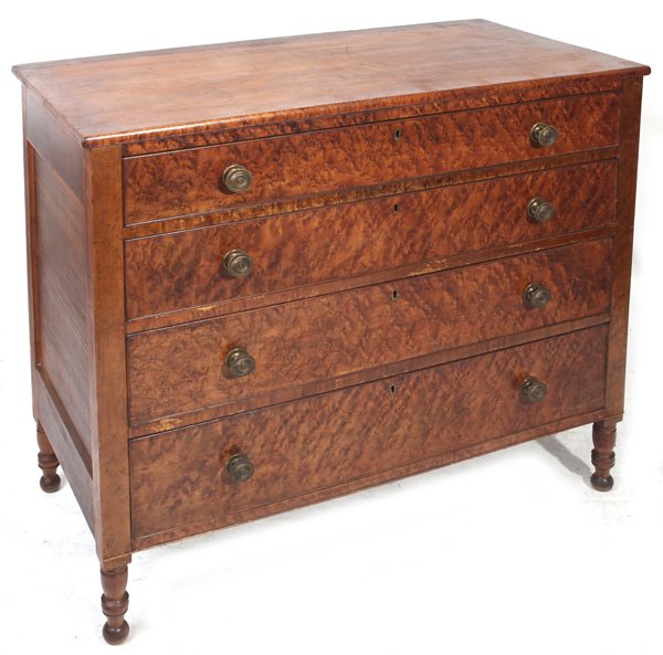 FIGURED MAPLE 4-DRAWER SHERATON CHEST: Circa 1825 chest with graduated drawers and nice turned feet. Birdseye maple front and pine case. Dovetailed construction. 39" high x 41 1/2" wide x 20 1/2" deep.