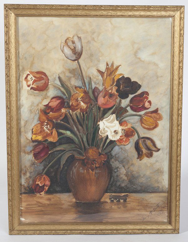 DAISY M. SMITH (UNITED KINGDOM) WATERCOLOR: Daisy Smith (United Kingdom, 1923-1940) 28 1/4" x 20 1/2" still life watercolor on paper of florals. Signed lower right "Daisy M. Smith".