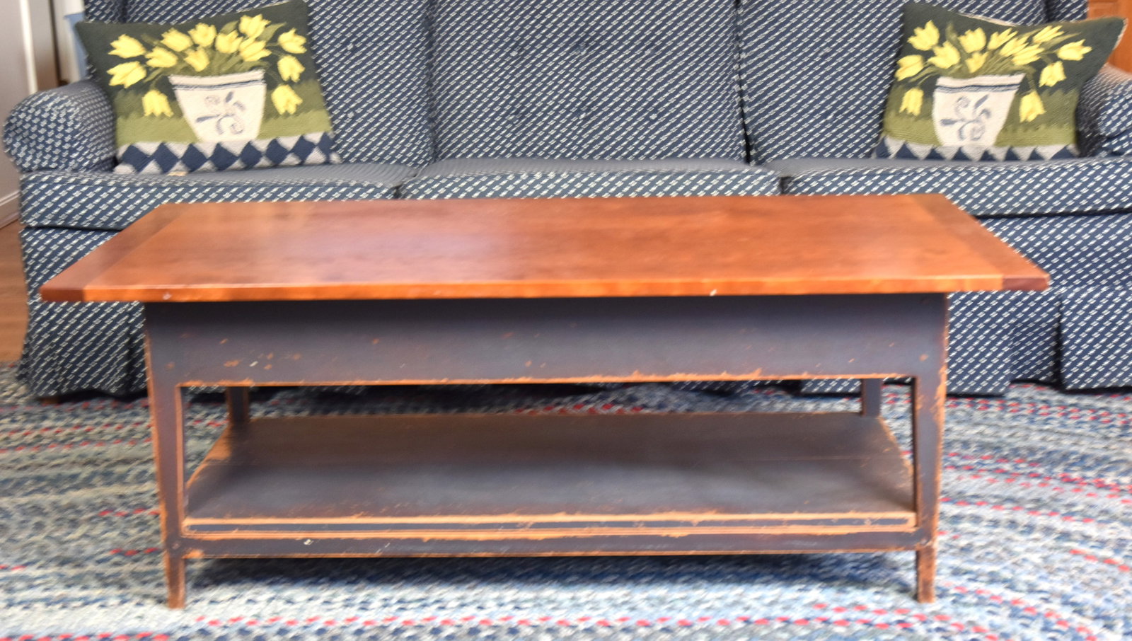David T. Smith Coffee Table: Sherton style in cherry with base in blue painted finish signed on underside, 48 x 24 x 18" high. Condition Fine.