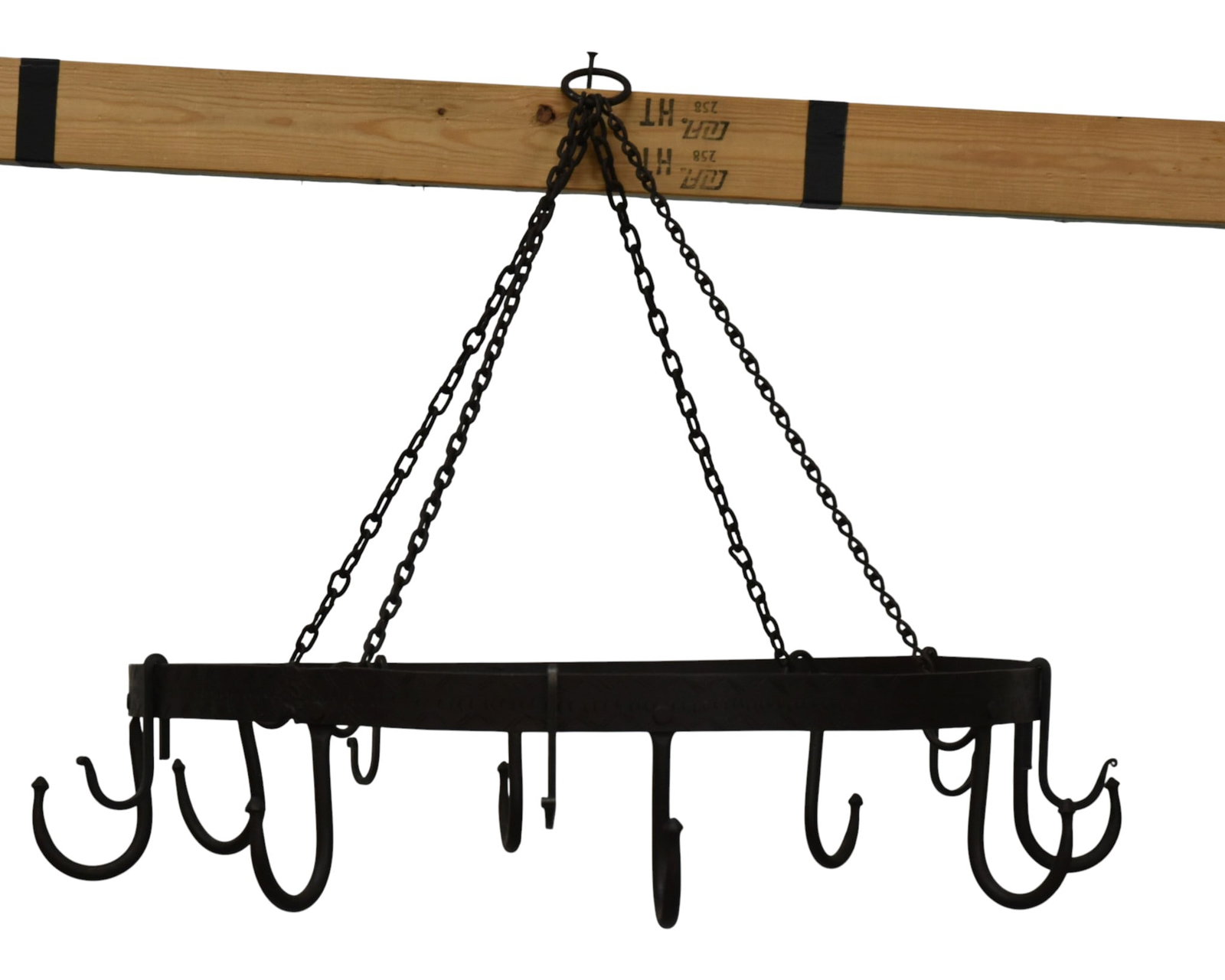 Wrought Iron Hanging Utensil Rack: Contemporary smith made with chiseled geometric decoration on hoop, 8 large riveted hook and five smaller movable hooks, 27" diameter x 20.5" high.