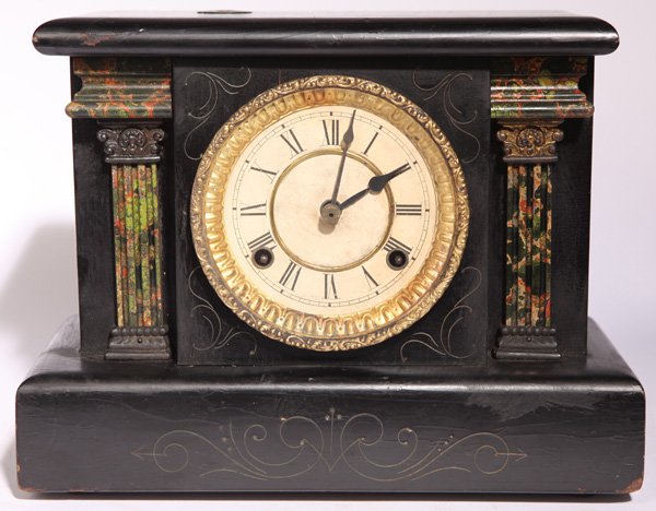 COIN-OP TRADE STIMULATOR CLOCK: In ebonized wood case with marbleized columns and cast gilt capitals, printed paper dial with brass surrounds, cast brass bezel, unmarked brass time & strike spring driven movement, label on back read