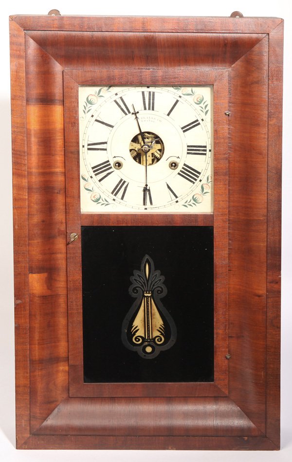 J.J. BEALS & CO. OGEE CLOCK: In mahogany case with two geometric painted lower tablet, painted wood dial with open escapement, signed “J.J. Beals & Co./Boston”, brass time & strike weight driven movement with original weights
