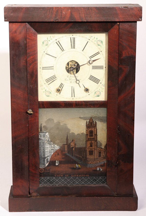 SCARCE CHAUNCEY JEROME SHELF CLOCK: In mahogany with flat columns, original painted lower tablet with “View of Liverpool”, painted wood dial marked “C. Jerome/New Haven, Conn./U.S.A.” with brass 8-day time & strike cable driven 
