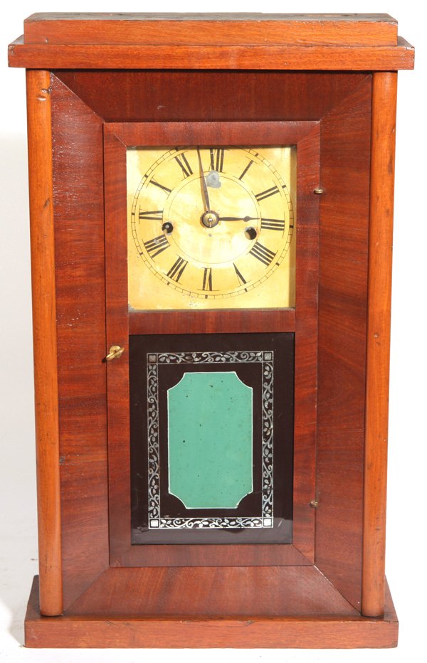 HARRIS & WILCOX OGEE CLOCK: In mahogany and cherry case with original geometric painted lower tablet, painted tin dial, brass time & strike weight driven movement with weights, pendulum & key. Fine printed paper interior label r