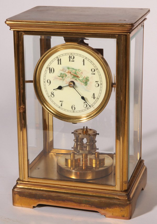GERMAN 400-DAY CRYSTAL REGULATOR CLOCK: Brass case on bracket feet with beveled glass doors and sides, hand painted porcelain dial with brass time & strike spring driven movement marked “Patent/Agreements/Patents/Applied.”, 10.75 x 7 x