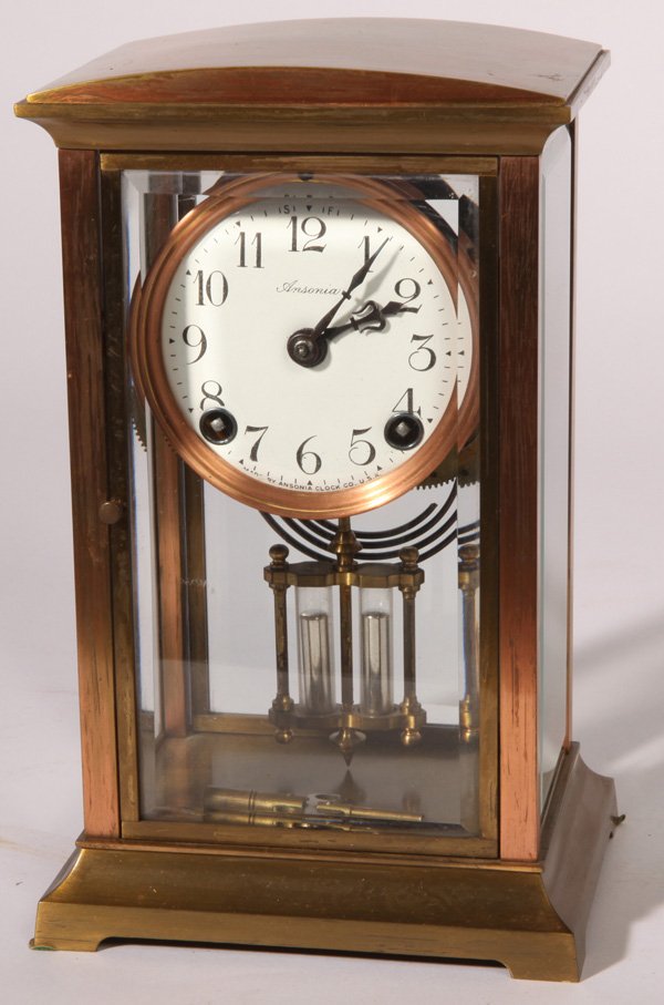 ANSONIA ROUEN CRYSTAL REGULATOR CLOCK: brass case with arch top on bracket feet with beveled glass doors and sides, porcelain dial marked “Made by Ansonia Clock Co. U.S.A.” with brass time & strike spring driven movement marked “Anso