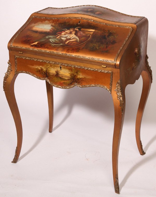 LATE 19TH CENTURY VERNIS MARTIN DESK: Drop front desk with hand painted scenes on front and sides with fine mahogany interior and 1-drawer below. All with brass ormolu trim. Originally from the Wiedemann Estate. 38" high x 29" wide x 19"