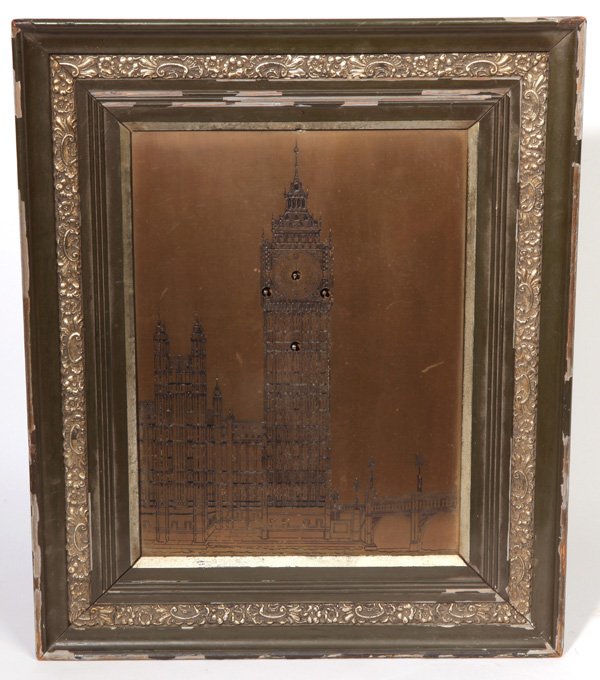 FINE BRITISH PICTURE FRAME CLOCK: By “Prudential Art Trading Co., Ltd.”, London with an engraved brass plate as dial and picture with image of the Parliament and Big Ben, in ornate silver gilt gesso frame with extensive printed la
