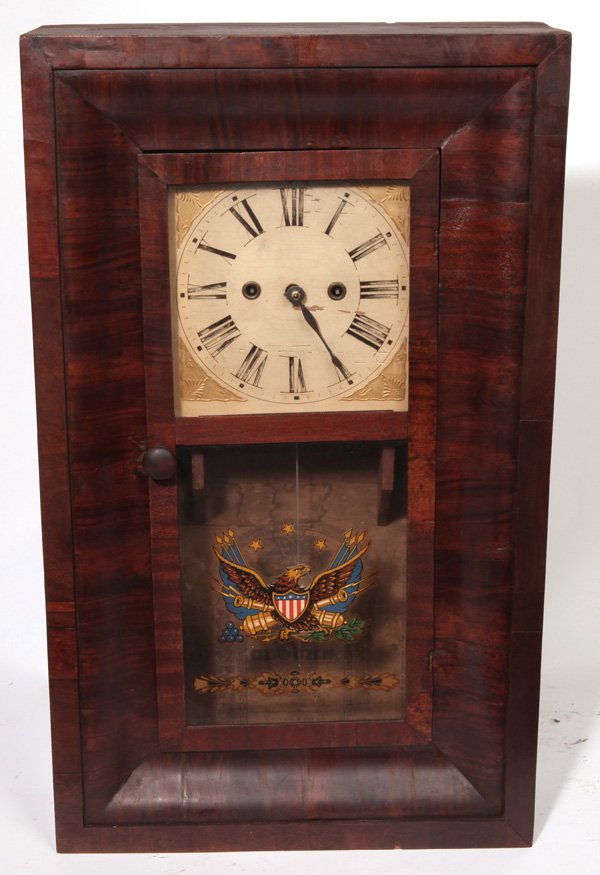 RARE RICHARD WARD OGEE CLOCK: In mahogany case with painted eagle in lower tablet, painted wood dial, rare and very unusual brass time & strike weight driven movement and original printed illustrated paper label on interior readin