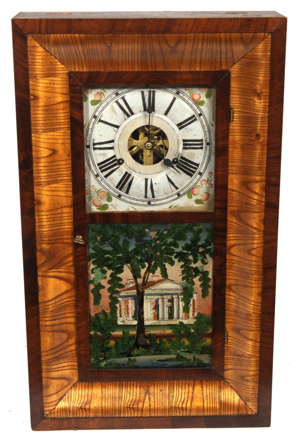 CLARK GILBERT & CO. OGEE CLOCK: In mahogany and curly birch case with original painted country estate scene in lower tablet, embossed and painted tin dial with open escapement, brass strap type time & strike weight driven movement w
