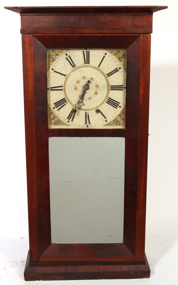 CHARLES STRATTON LARGE OGEE CLOCK: In mahogany with original mirrored lower tablet, painted wood dial with 30-hour wooden time & strike movement, original Japanned bell, weights, pendulum, tin pulley caps and key, with printed paper la