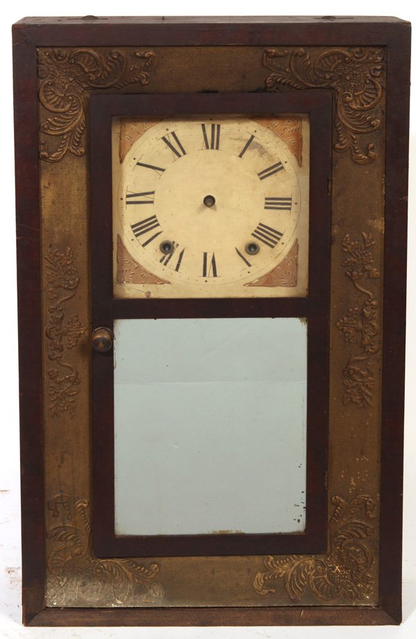 UNUSUAL SMITH & BROS. OGEE CLOCK: In mahogany and gilt gesso case with original mirrored lower tablet, painted wood dial with wooden 30-hour time & strike movement, original weights & pendulum, lacking original hands and key, 27 x 16 