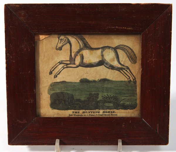 EARLY HAND COLORED PRINT THE HUNTING HORSE: Early woodblock showing a white horse jumping of the above title with “Sold Wholesale by J. Fisher, 71 Court Street, Boston”, 4.75 x 5.75”, in period ogee frame, 7.5 x 8.5”.